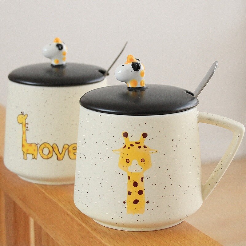 Cute Giraffe Mug,Ceramic Coffee Cup with Lid and Stainless Steel Spoon,17 Oz Large Capacity Breakfast Cup
