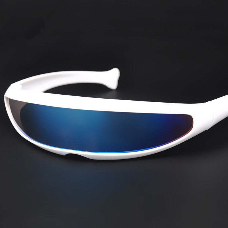 Vvsoo Futuristic Narrow Cyclops Sunglasses UV400 Personality Mirrored Lens Costume Eyewear Glasses Funny Party Mask Decoration: White-Blue lens