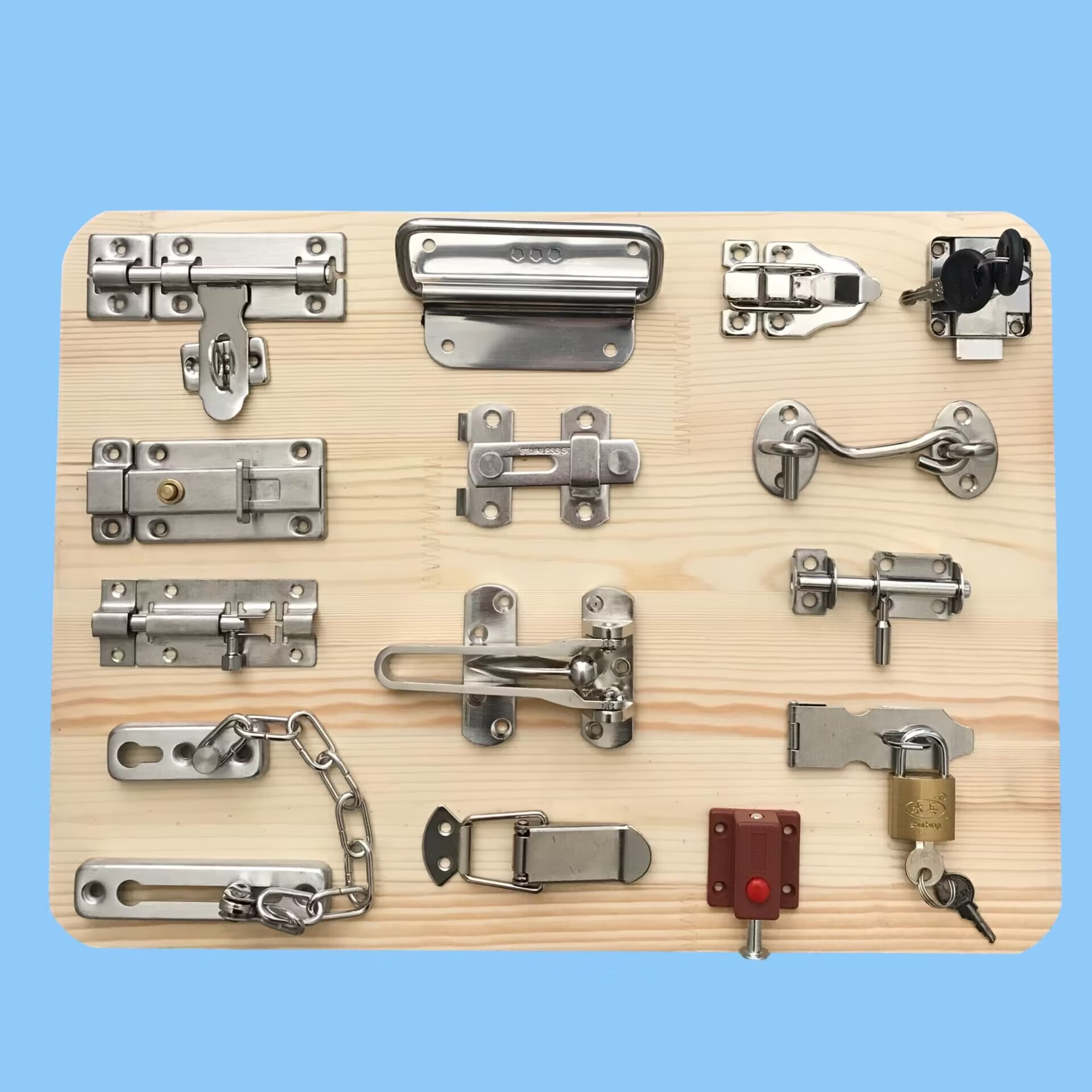 Accesorios de tablero ocupado para bebé, pestillo de cerradura de puerta de madera DIY Montessori, juguetes educativos, aprendizaje de habilidades motoras básicas, piezas de tablero ocupado