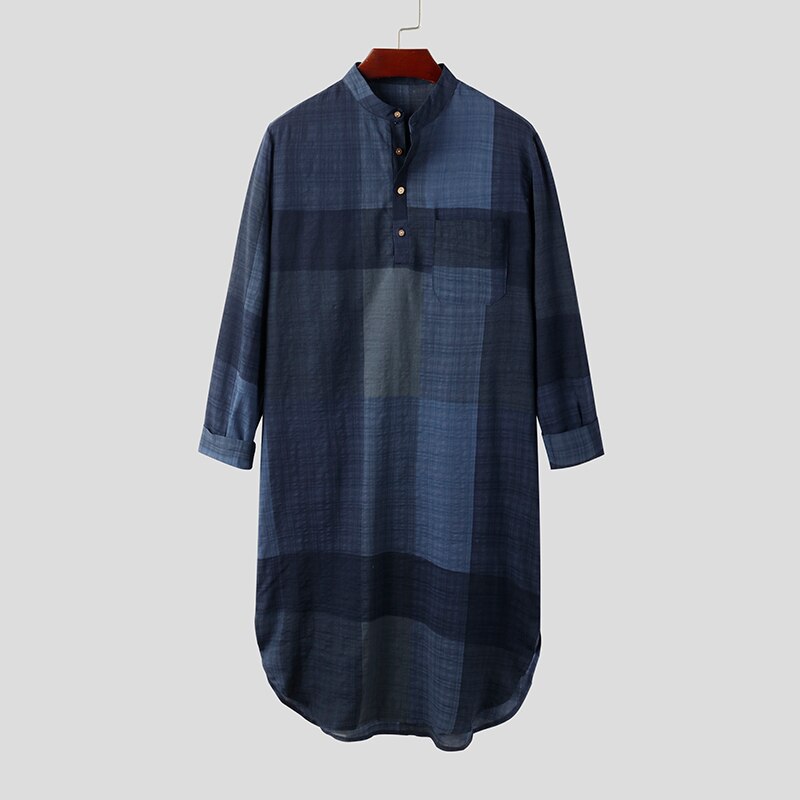 Incerun Moslim Mannen Islamitische Kaftan Lange Mouwen Stand Kraag Katoen Plaid Vintage Casual Robes Streetwear Caftan Mannen Jubba Thobe: Navy / M