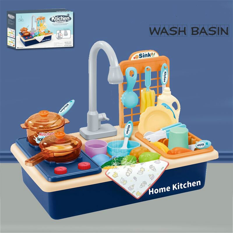 Pretend Play Kitchen Toys with Electric Water Wash Basin Kit for Children Kids Plastic Simulation Electric Dishwasher Sink