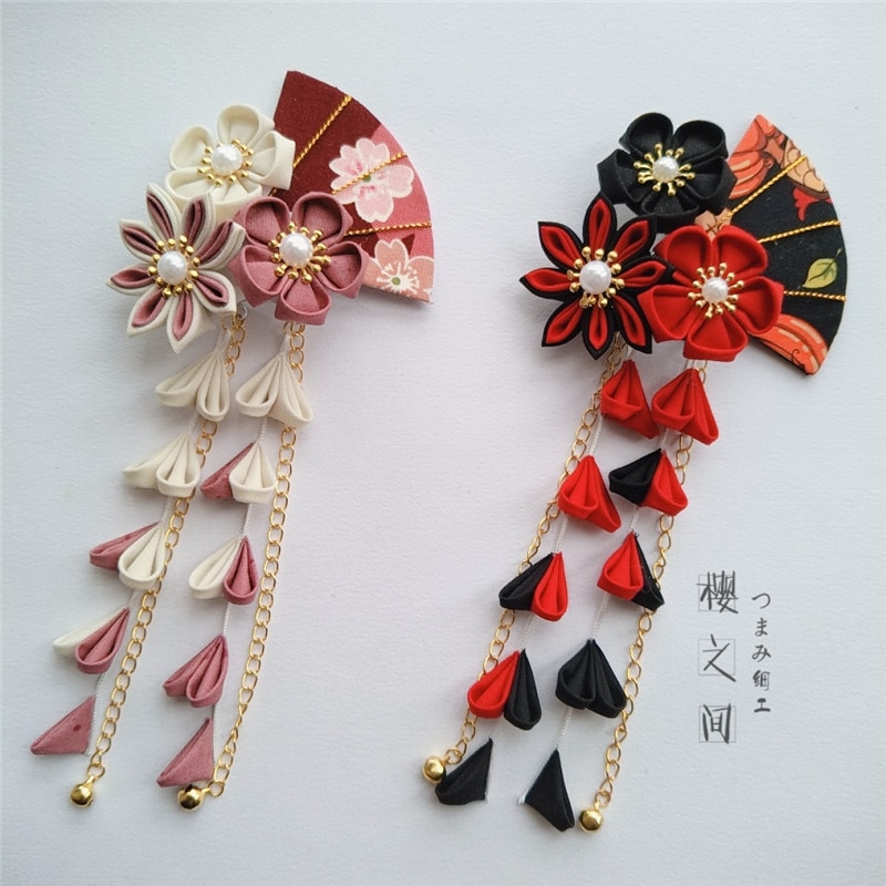 Épingle à cheveux japonaise Sakura, pince à cheveux, Tsumami zaiku pour Kimono Yukata Geisha, longues Barrettes à pompon, accessoires pour cheveux faits à la main, Cosplay