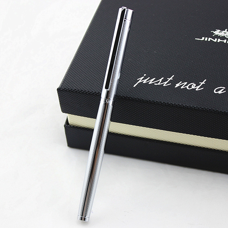 JINHAO 126 Luxury Pure Silver Rollerball Pen Metal Steel Ballpoint Pens with Case Office Supplies