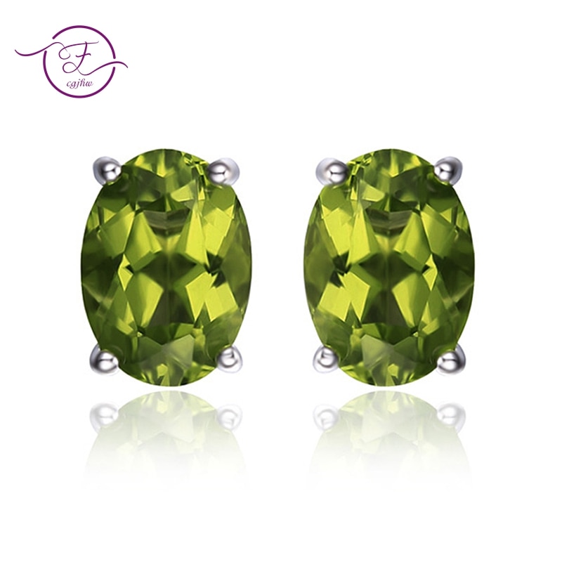 Genuine 925 Sterling Silver Earrings Oval Natural Green Peridot Stud Earrings for Women Gemstone Earring Party Anniversary