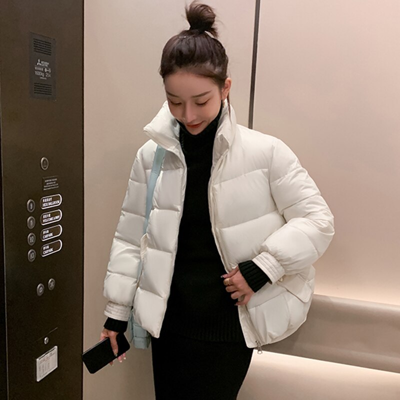 Solide Col Montant Courtes Oversize Veste Hiver Femme Doudoune Mat Parkas Épaissir Fermeture Éclair Décontracté Outwear Femmes