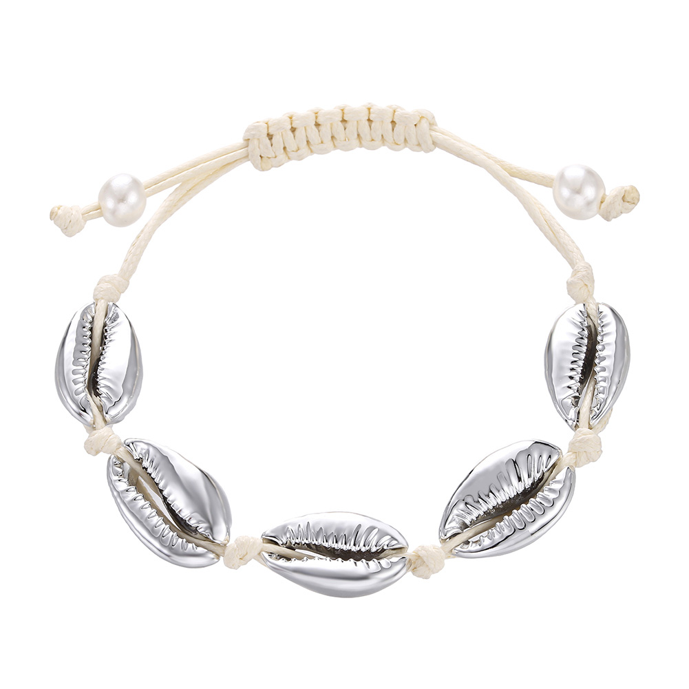 Natural Seashell Hand knit Rope Chain Bracelet Charm Bohemia Jewery Shell Bracelets Women Conch Beaded Strand Bracelets: Light Yellow Gold Color