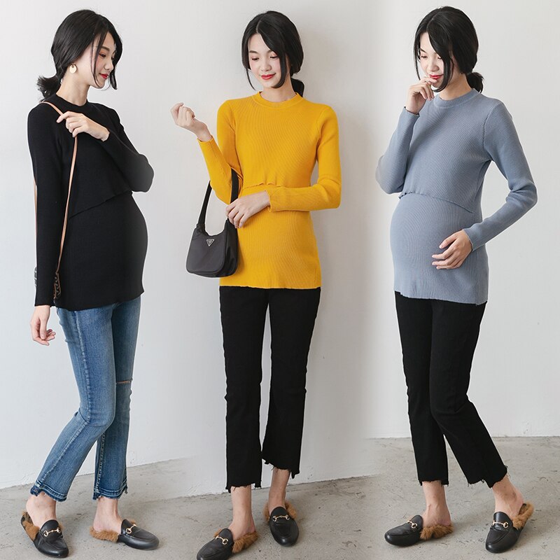 11 # taille unique tricoté maternité soins infirmiers chemises automne hiver mince fond chemise vêtements pour les femmes enceintes mince grossesse hauts