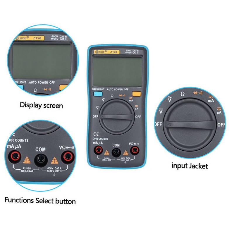 1Pcs ZT Digital Multimeters Portable AC/DC Ammeter Voltmeter Ohm LCD Display Backlight Multimeter Diode and Continuity Test