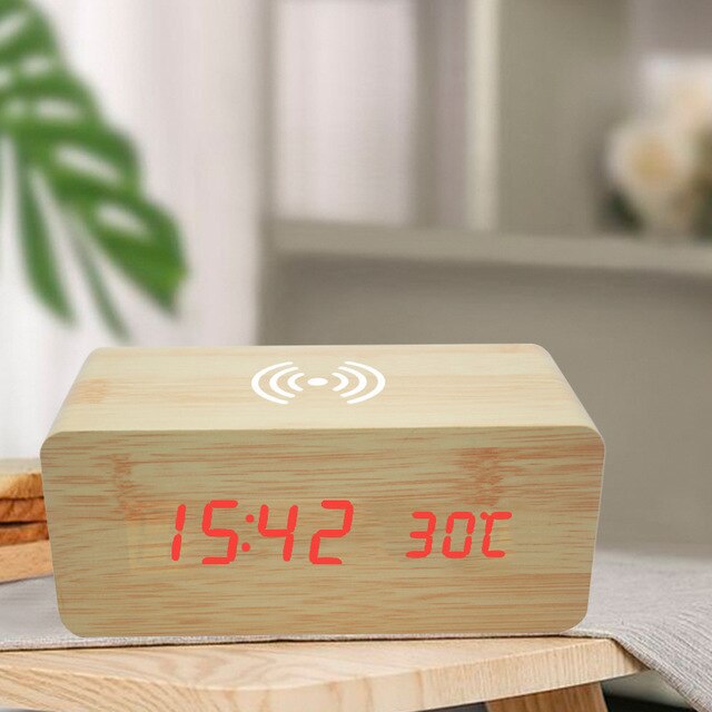 Wireless charging table clock digital alarm clock led decorative clock alarm clock table clock electronic clock with thermometer: Yellow  red