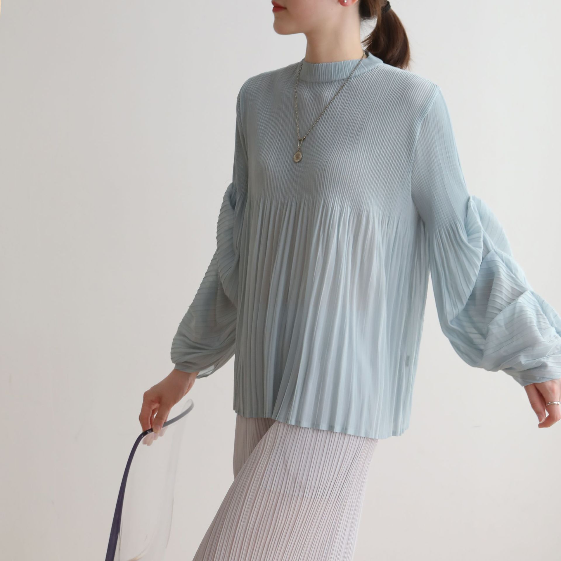 Miyake enfärgad topp vår och sommar exklusiv plisserad prinsessmodell topp bubbelärm stor storlek lös t-shirt: Mynta