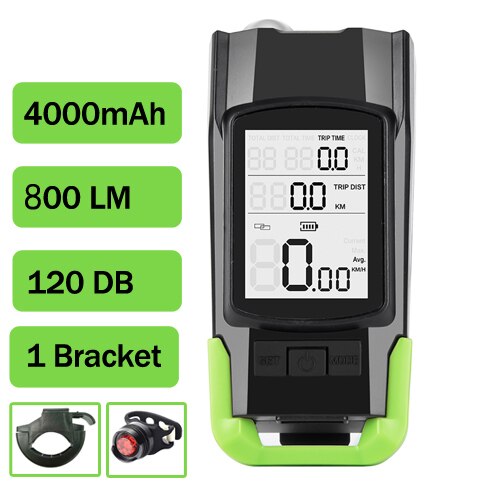 Impermeabile Della Bici Del Calcolatore Integrato 800LM Faro 120DB Corno Altoparlante 3 in 1 Senza Fili di Riciclaggio Della Bicicletta Tachimetro Dell'odometro Del Calcolatore: Green B1