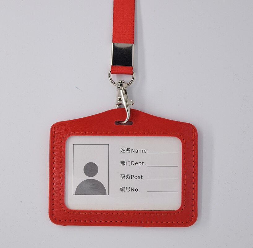 Portable Neck Strap Rope Staff Employee's ID Work Card Holder PU Office Buliding Gate Pass Access Card Cover Sleeve with Lanyard
