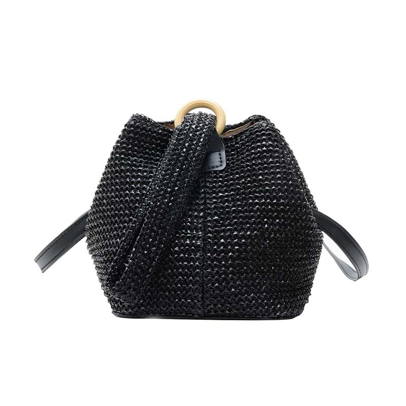 Small Straw Bucket Bags For Women Summer Crossbody Bags Lady Travel Purses and Handbags Female Shoulder Messenger Bag: Black