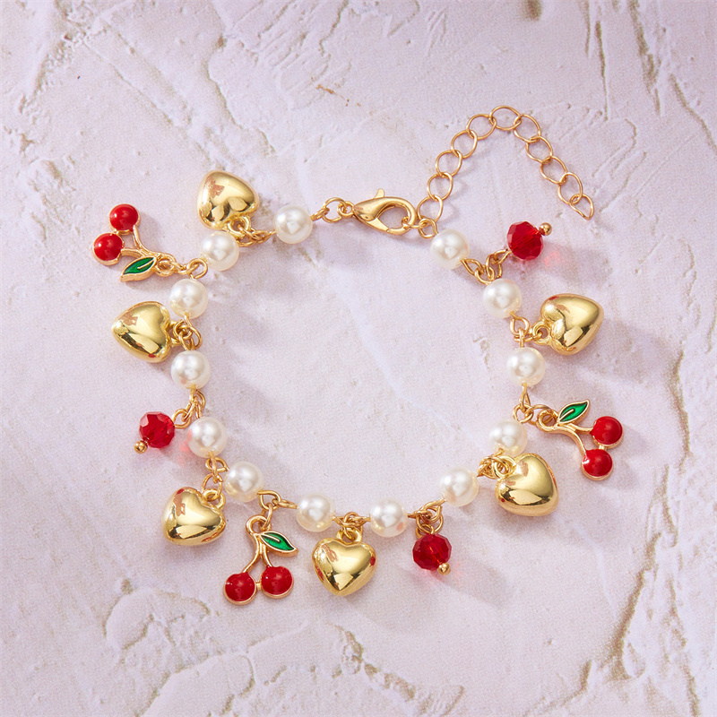 Doux mignon rouge fraise cerise coeur perle bracelet à breloques nouvelle Y2K fruits couleur or chaîne bijoux de fête 2025: VERMEIL