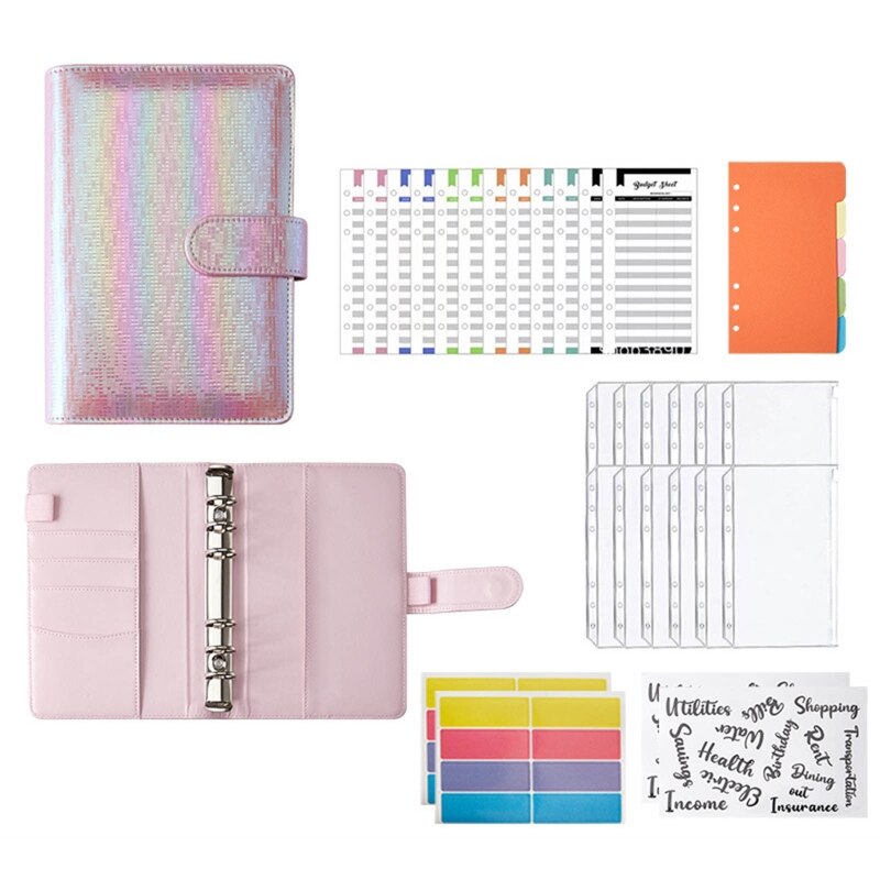 XX9A A6 Binder Planner Set with Binder Pockets Budget Sheets Index Stickers for Adult: pink