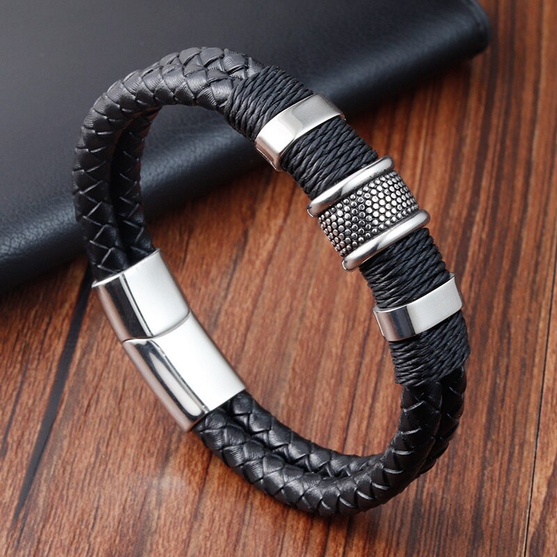 New Punk Men bracciale in pelle intrecciato a mano moda acciaio inossidabile fibbia magnetica bracciale in pelle per uomo regalo gioielli: 2