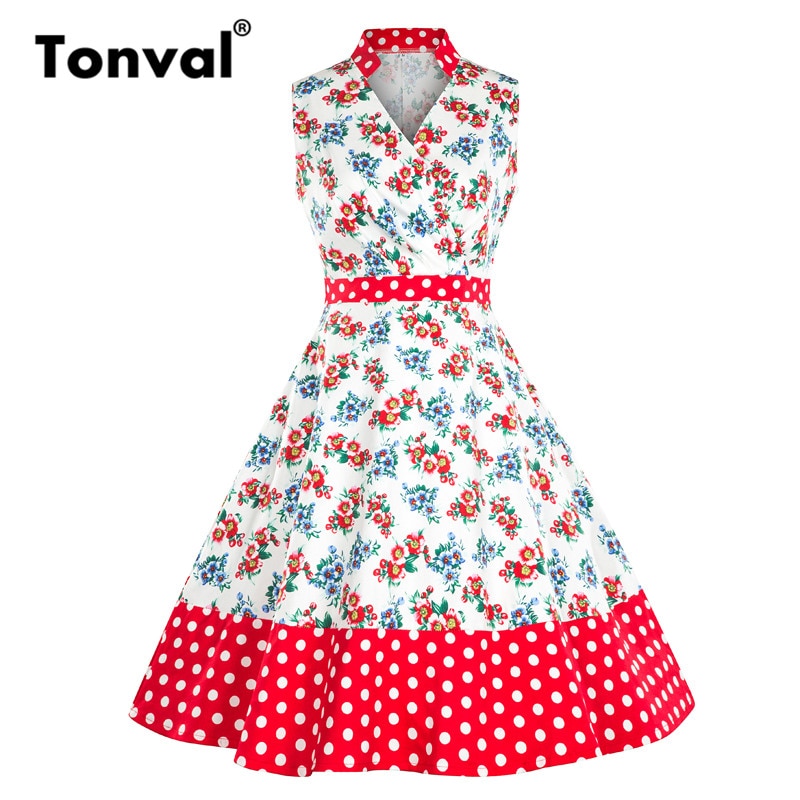 Tonval retro Rockabilly Blumen- drucken Frauen Kleid verrotten Kontrast Hohe Taille EINE Linie Skater Kleider Jahrgang Midi- Polka Punkt Kleid