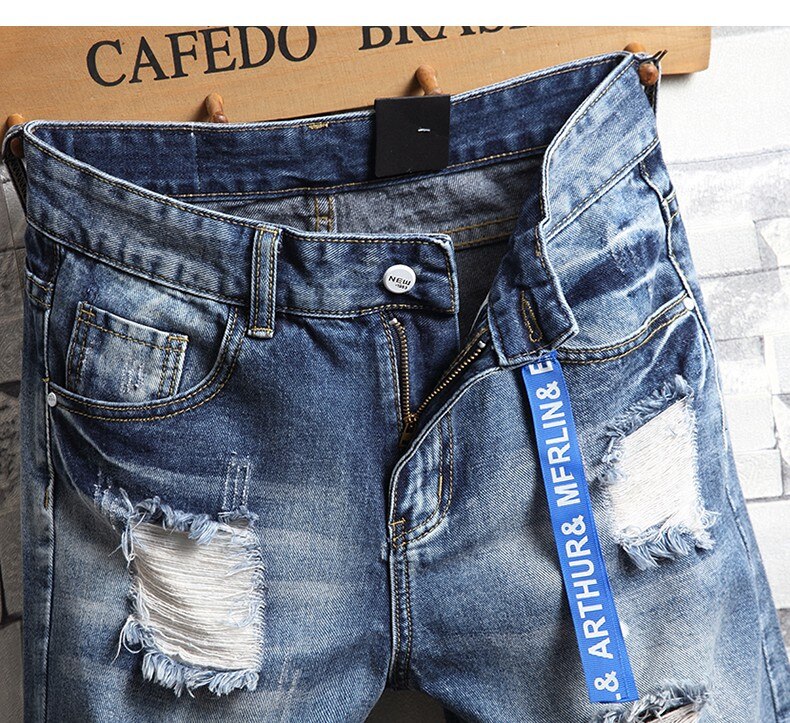 Men Big Holes Denim Shorts Summer Blue Short Jeans Men Cotton Casual Jean Shorts Knee Length Straight Jeans Size 36