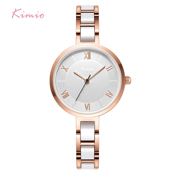 KIMIO Frauen Weiß Nachahmung Keramik Armbinde Uhren Einfache Große Zifferblatt Damen Quarzuhr Römischen Skala Armbanduhr: Rose Gold Weiß
