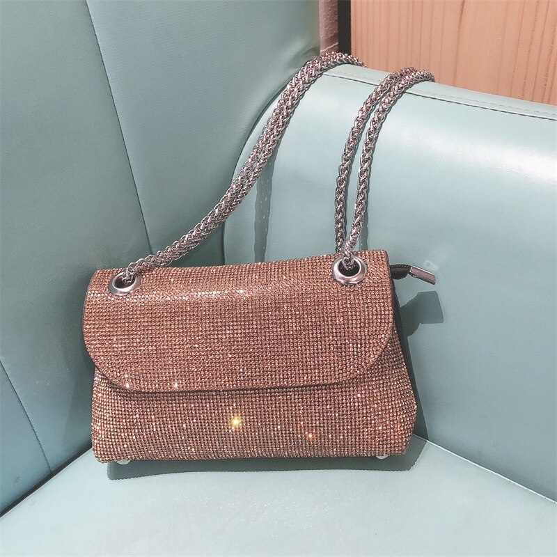 Bolso de mano con diamantes de imitación para mujer, superllamativas, cadena de Plata a la , bolso de hombro tipo bandolera,: Café