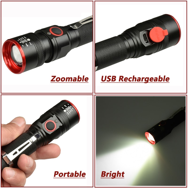 6000 Lumens Flashlight USB Rechargeable T6 LED Flashlight Torch Lamp Lantern 18650 Waterproof Bike LED Holding Clip Flash Light