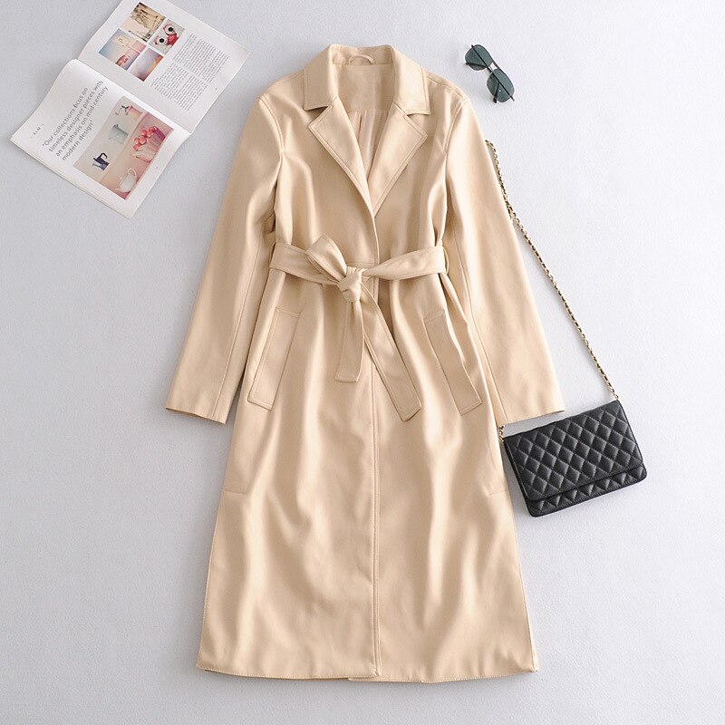 Efterår vinter kvinder imiteret læder trenchcoat kvindelig vintage bælte lang jakke outwear toppe damer afslappet løs vindjakke