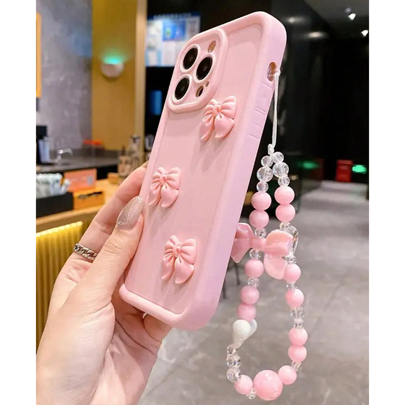 Bonita funda de teléfono de silicona con lazo 3D para iPhone 11 12 13 14 15 16 Pro Max 16E X XS XR 7 8 Plus, cubierta de cuerda colgante con cordón de lazo
