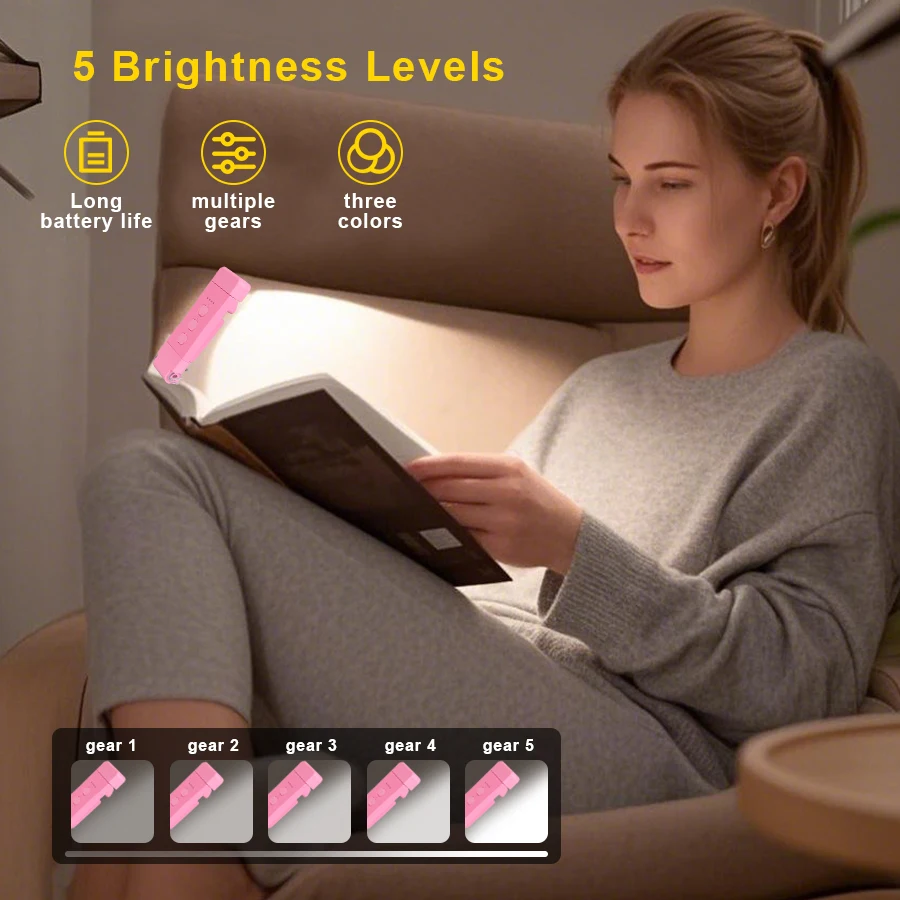 Luz de libro marcapáginas con Clip con temporizador, luz de lectura recargable por USB, Mini luz Led de lectura, lámpara de lectura portátil para mesita de noche y escritorio