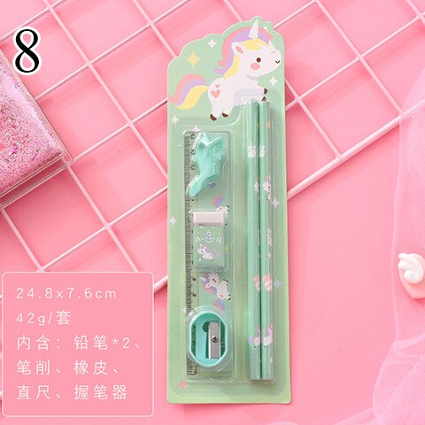 Conjunto de lápices lindos Kawaii con goma de borrar soporte de pluma con sacapuntas para la escuela de los niños 6 piezas de papelería Set de: 8