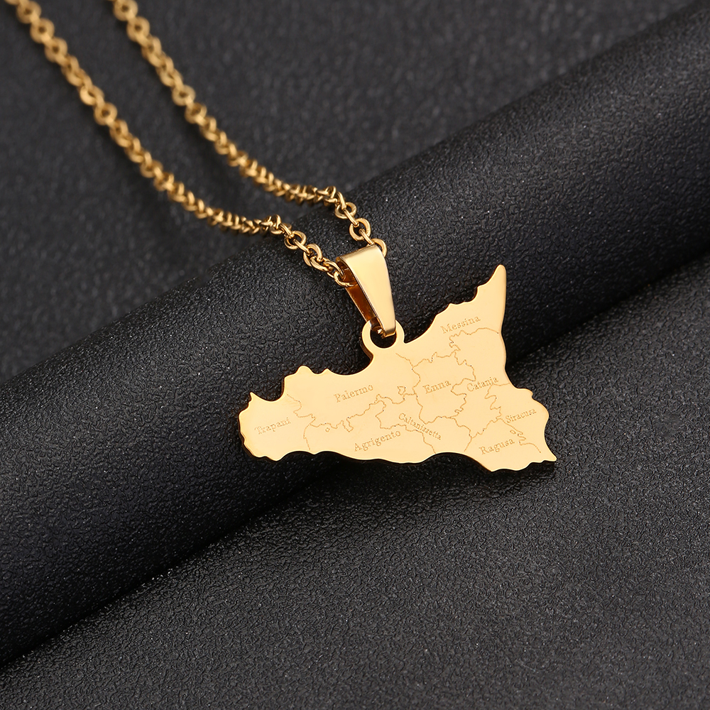 Collar con colgante de mapa y ciudades de Italia, acero inoxidable para mujeres y hombres, Color dorado y plateado, joyería italiana de Sicilia: 60 cm / Color amarillo dorado claro