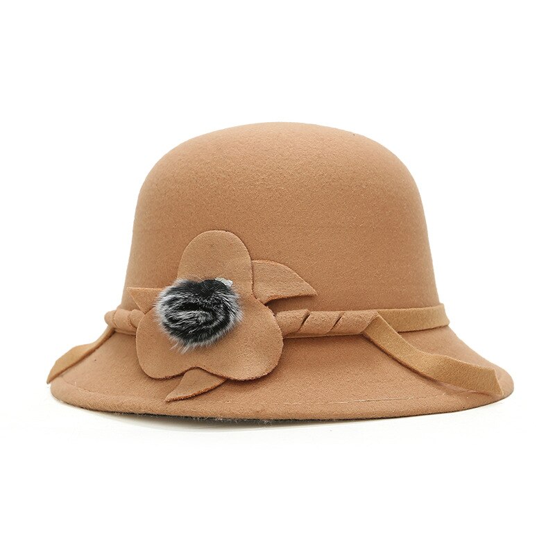 Vrouwen Meisjes Vintage Wolvilt Koepel Fedora Hoeden Dames Mode Effen Kleur Strik Bloem Emmer Hoed Voor Vrouw Winter Cap: Camel