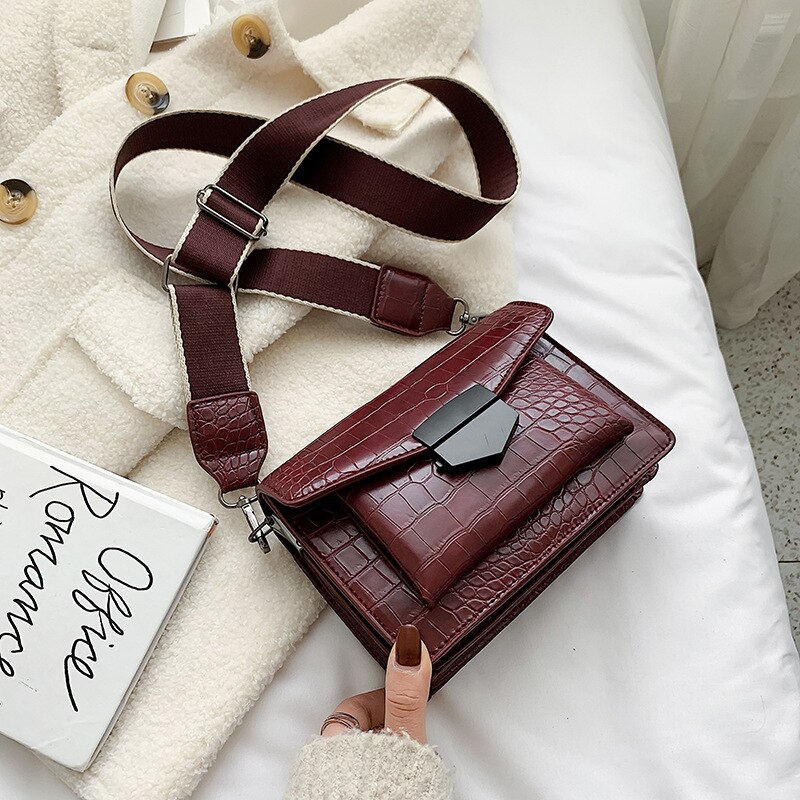 Stone Pattern Handbag Ladies Small Simple Style Shoulder Bag Vintage Wide Shoulder Strap Messenger Bags Wallet: Burgundy