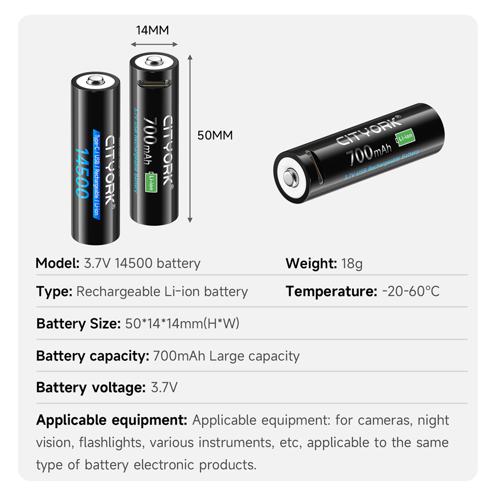 3.7V 14500 USB Rechargeable Lithium Battery USB fast charging Batteries For Toy Flashlight Remote Control With Type C Cable