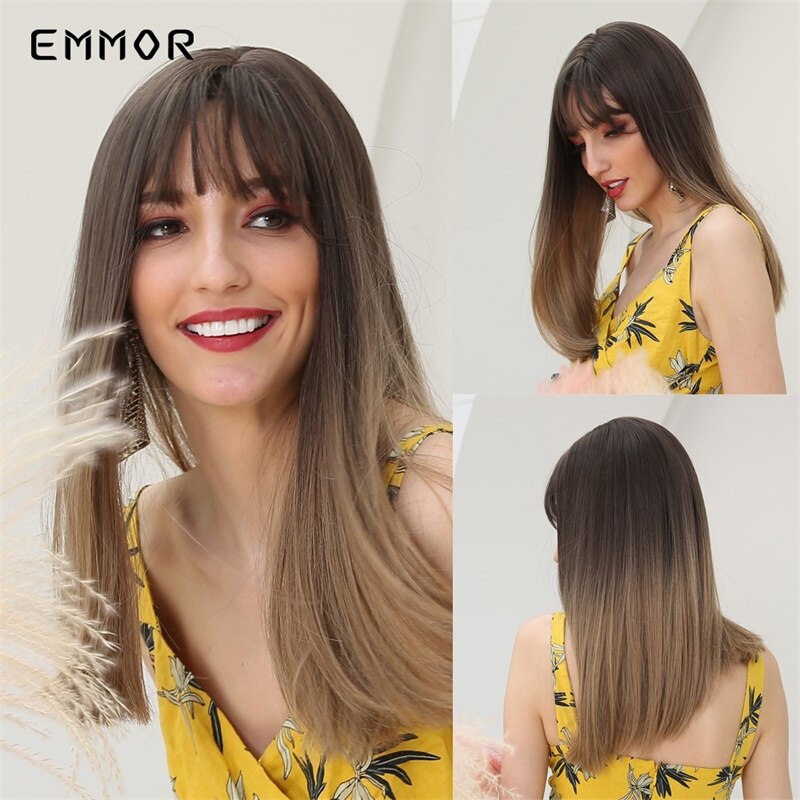 Emmor peruca cabelo sintético reto com preto natural, fibra de alta temperatura, vinho, vermelho, ombré, marrom, para mulheres: lc201-2