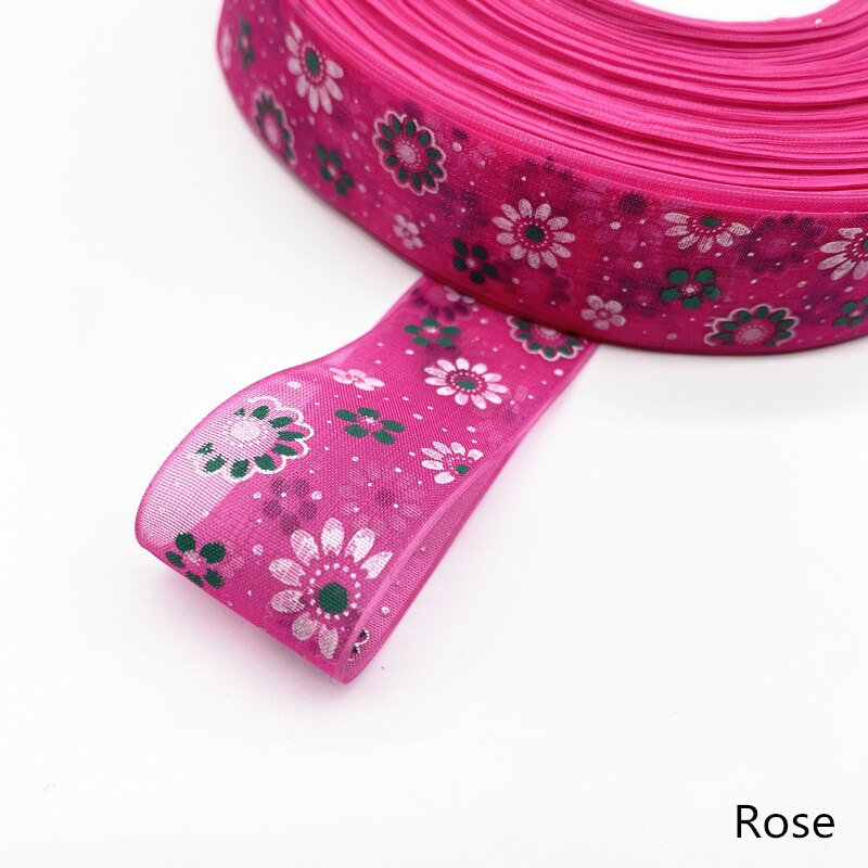 Cintas de Organza con estampado de flores, embalaje de , decoración de boda, bricolaje, 5 yardas, 25mm: Plata antigua