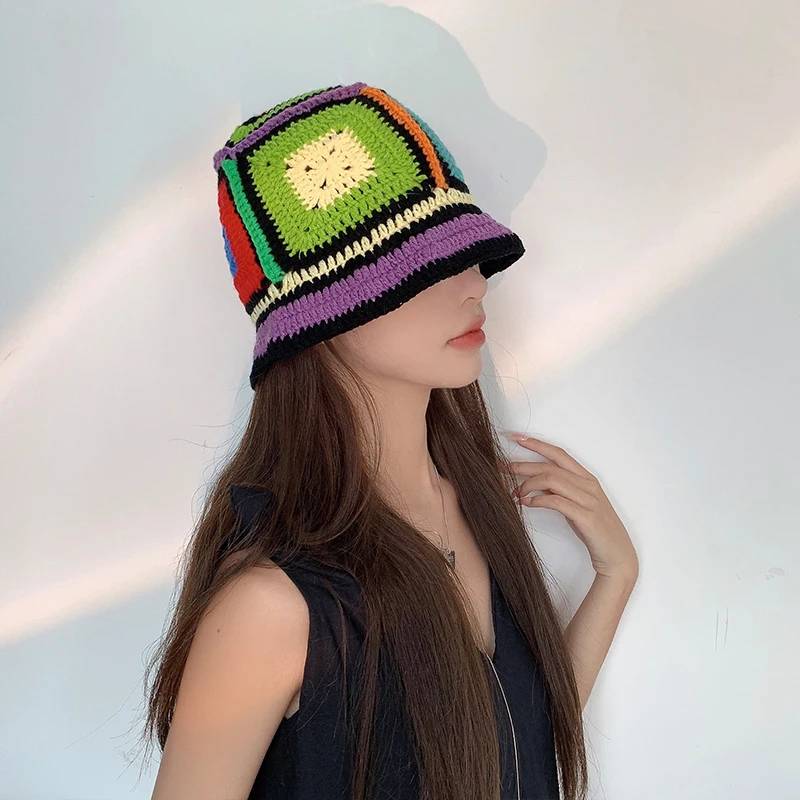 INS Korea Handmade Crochet Bucket Hats for Women Y2k Vintage Summer Beach Hat Flower Hollow Knitted Bob Sombreros Bonnet Caps