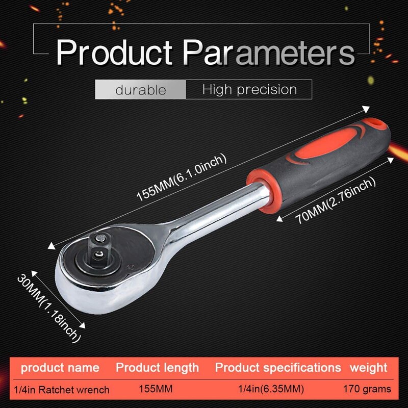 Ratchet Wrench for Socket 24 Teeth Chrome Quick Released Ratchet Handle and Extension Bar (1/4 Inch Wrench 155mm Length)