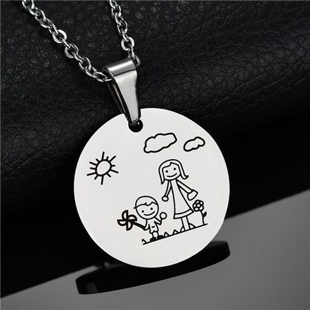 Lovely 316L Stainless Steel Family Necklace & Pendant For Mom Dad Son Daughter Love Cartoon Gold Color Link Chain Necklace: boy and mom silver