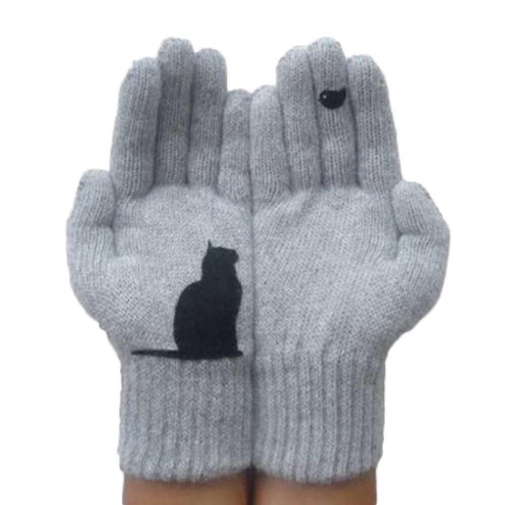 Vinter kvinder handsker kawaii kat fugl print patchwork uldne holde varmen handsker afslappet udendørs sport: Grå