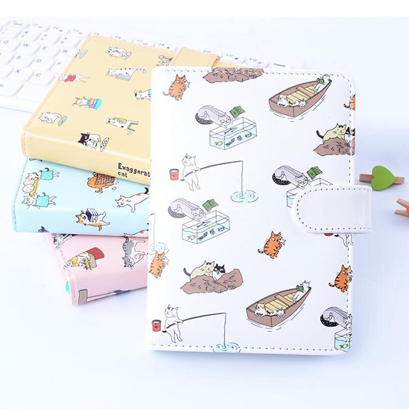 Stationery Cute Cat Notebook Leather Cover Print Animal Kids Notebook With Color Paper Binder Diary