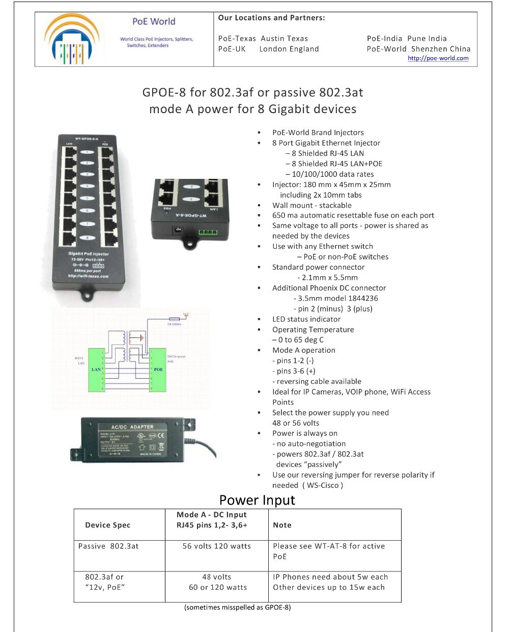 802.3af 8 Port Passive Gigabit PoE Injector Mode A 1000Mbps data speed PoE patch panel With 48V 60W Power Supply For IP Camera