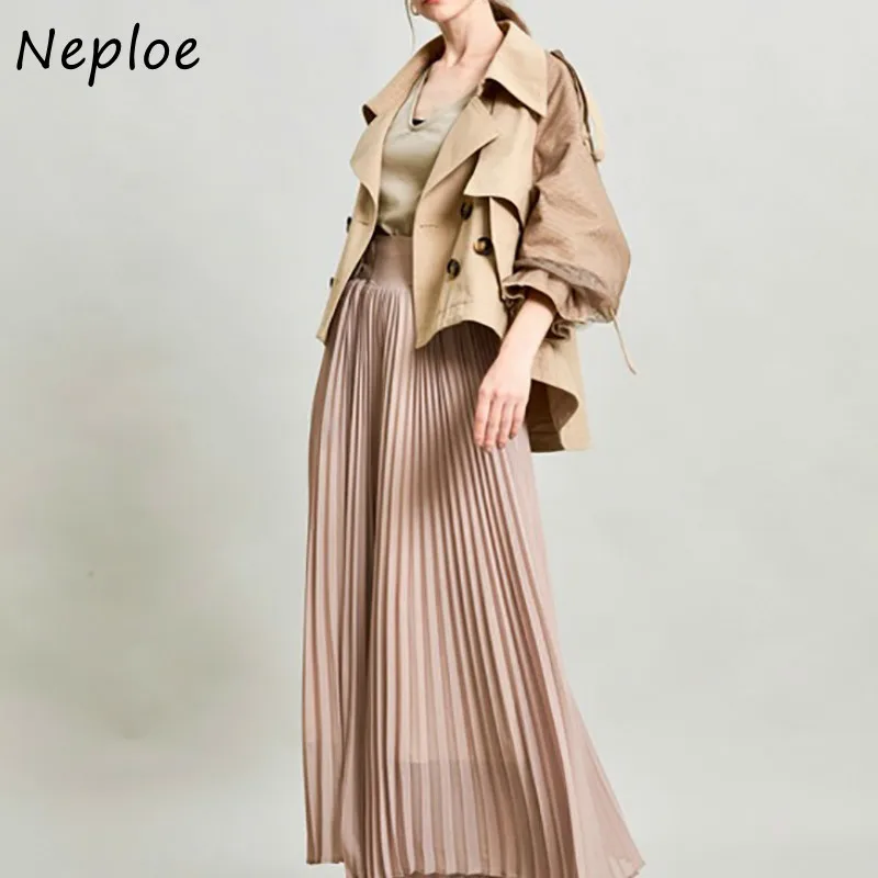 Neploe Double Breasted Mesh Patchwork Jas Vrouwen 2025, Turn-down Kraag Jas Herfst Panelen Zachte Flare Mouw Tops