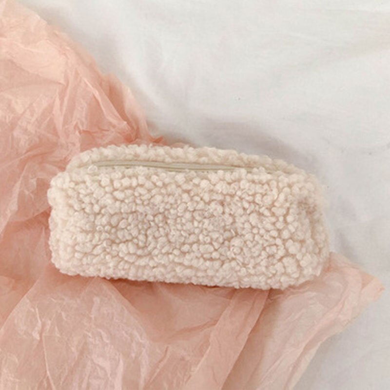 Cute Soft Fluffy Plush Pencil Bag Solid Color Pencil Makeup Case For Girls Children Students School Stationery Bag: 3