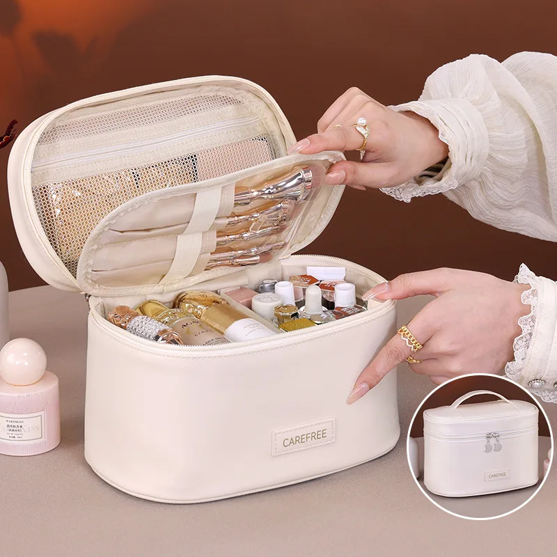 Bolsa de maquillaje para mujer, organizador de cosméticos de viaje de gran capacidad con soporte para brochas, bolsa de aseo impermeable, estuche de maquillaje portátil: Beige