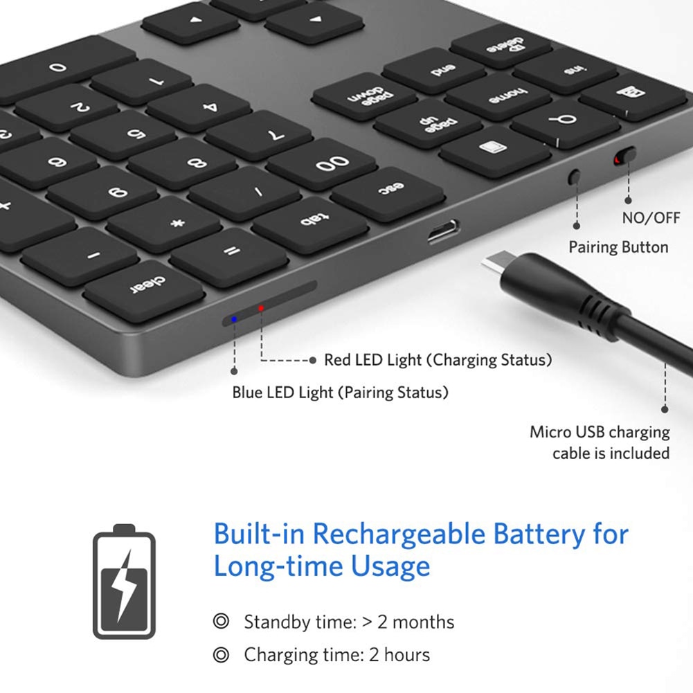 Digital Keyboard Bluetooth Portable Mini Portable Aluminum 34 Keys Wireless Keyboard Keypad For Office MacBook Air/Pro
