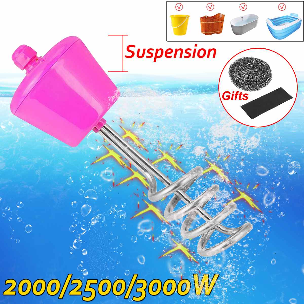 2000/2500/3000W calentador eléctrico flotante caldera Elemento calentador de agua Suspensión de inmersión portátil el calor de acero inoxidable