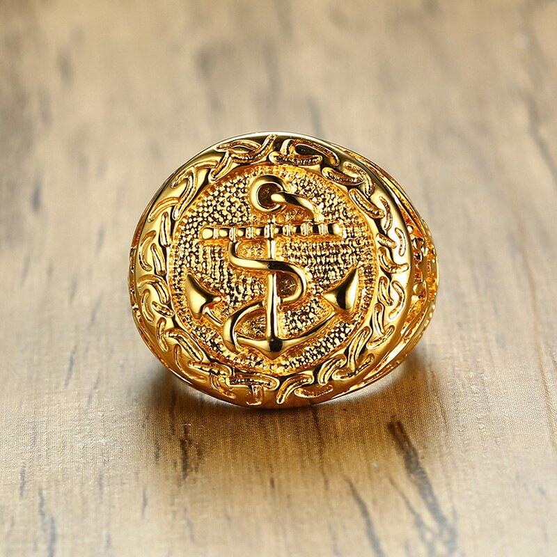 Big Round US Navy Anchor Ring Gold Color Stainless Steel Eagle Badge Men Rings Hip Hop Rock Jewelry