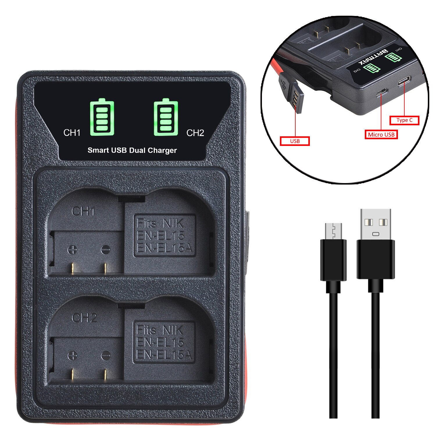 4x EN-EL15 EN-EL15C EN EL15 EL15C Battery + Charger with Type-C Port and Built-in Cable for Nikon Z6, Z7, D500, D600, D610, D750: 1xCharger