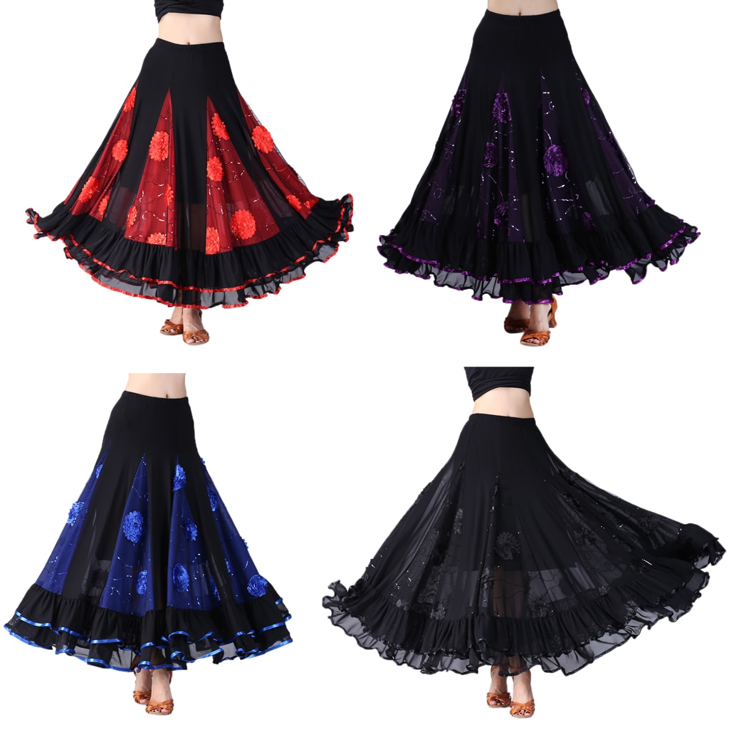 Flamenco Ballroom Waltz Dance Swing Skirt Sequin Flowers Party Dress