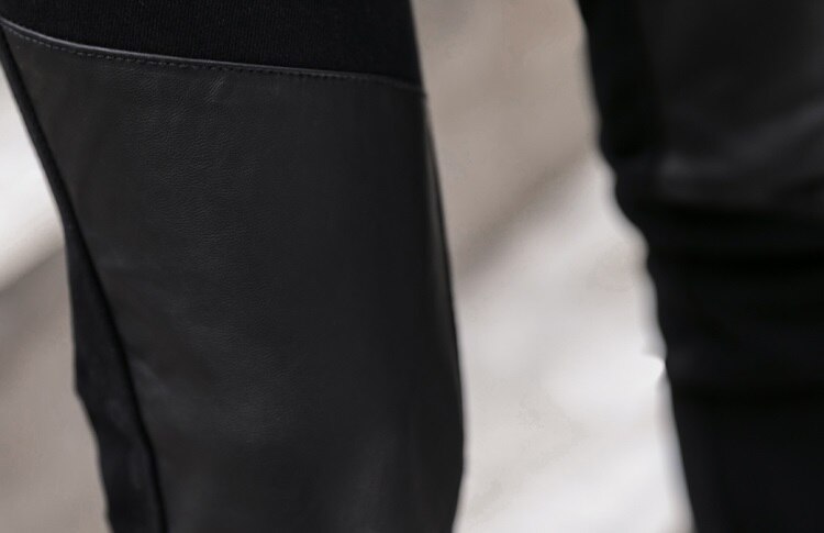 Men's Pant Faux Leather Jeans Spliced Denim Trousers Male Stretch Slim Fit Punk Stage Singer Motorcycle Casual Pants Men